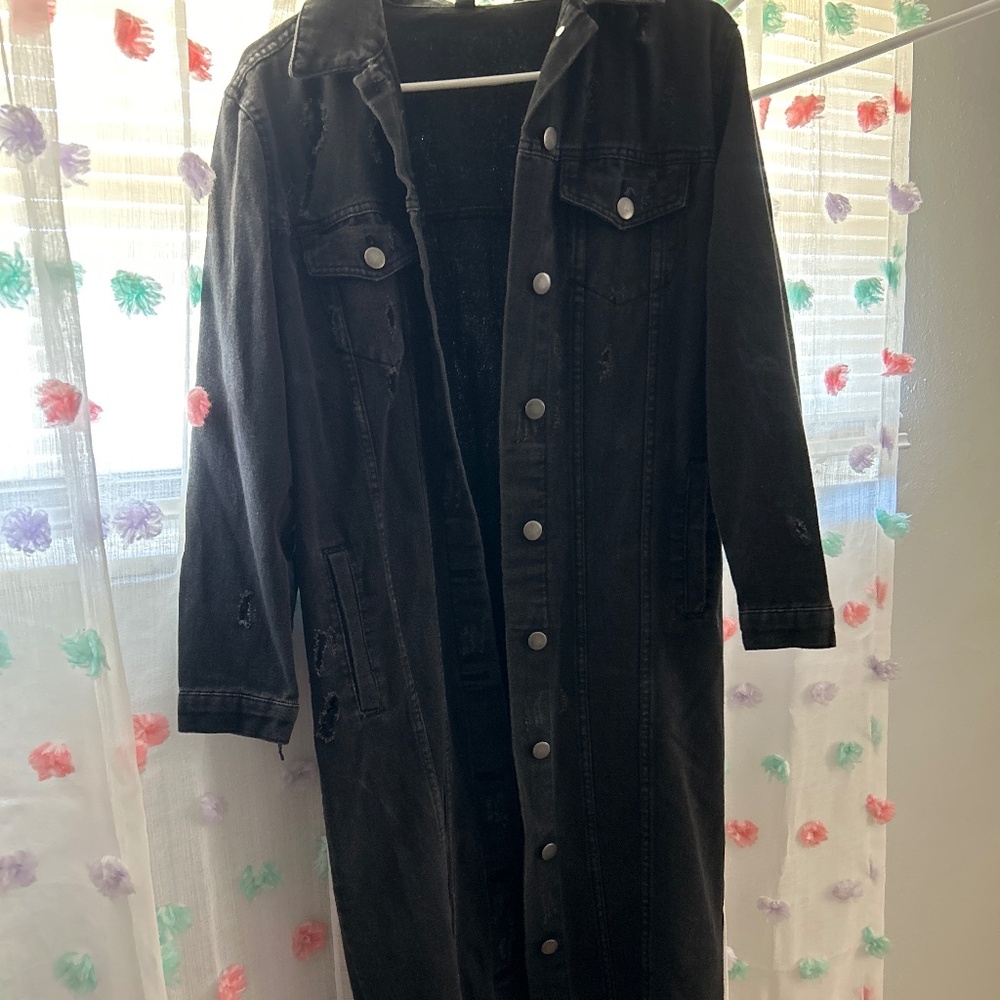 Black distressed denim trench coat